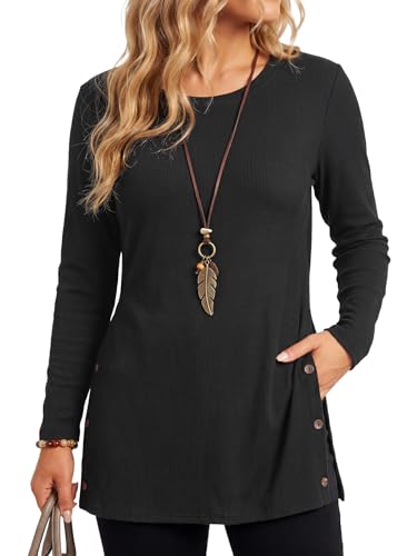 トップス On-Off Button Split Long Sleeve Tee LYANER Women's Button Split Slit Sides Scoop Neck Long Sleeve